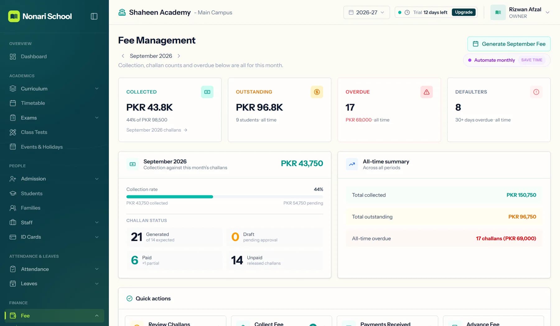 Fee management in Nonari School: collected, outstanding, overdue, defaulters and quick actions