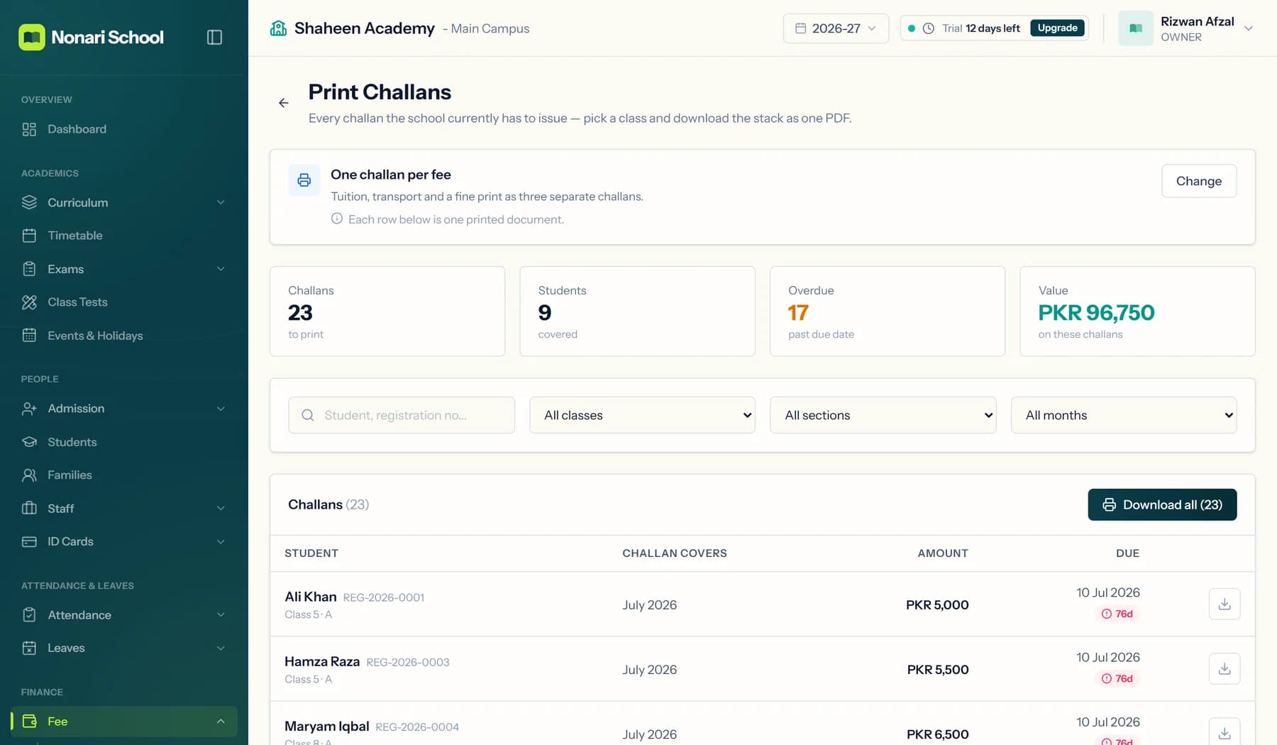 Print Challans in Nonari School: 23 challans to print, filters by class, section and month, and Download all