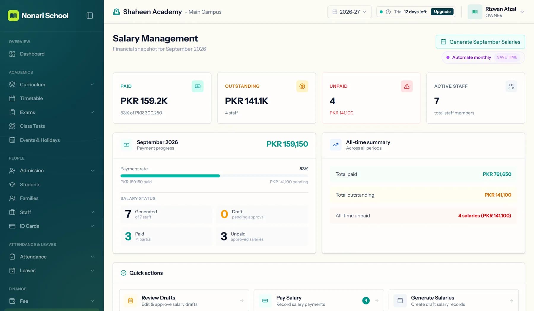 Salary management in Nonari School: paid, outstanding and unpaid salaries for the month