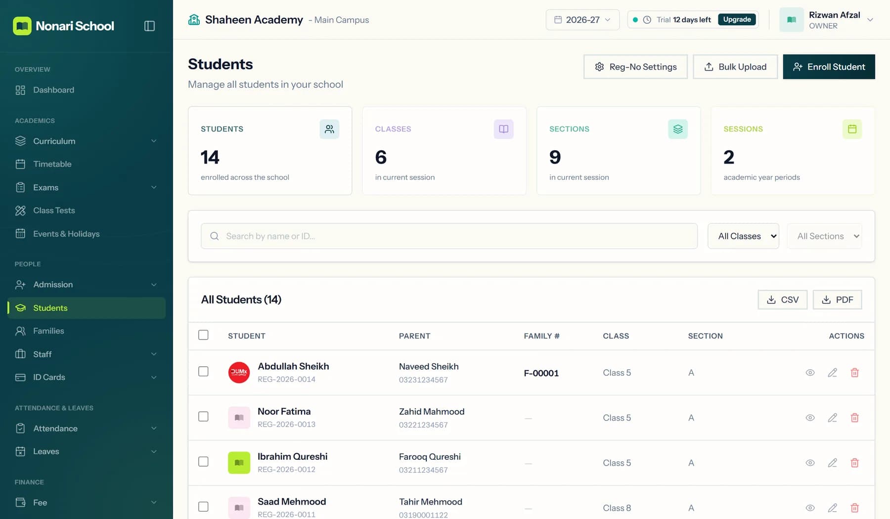 The students list in Nonari School: registration numbers, parents, family numbers, classes and sections