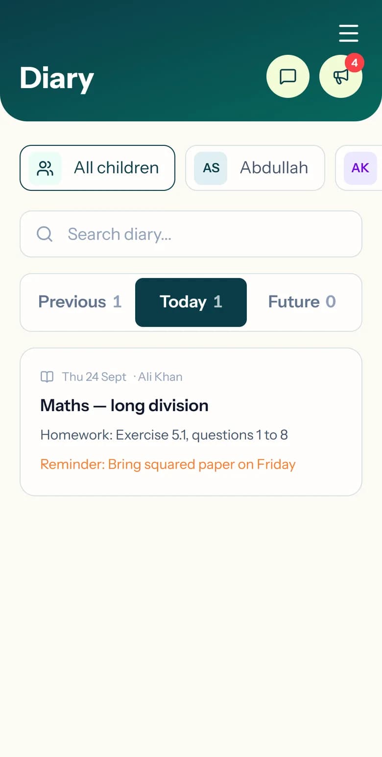The parent diary screen with today’s maths homework