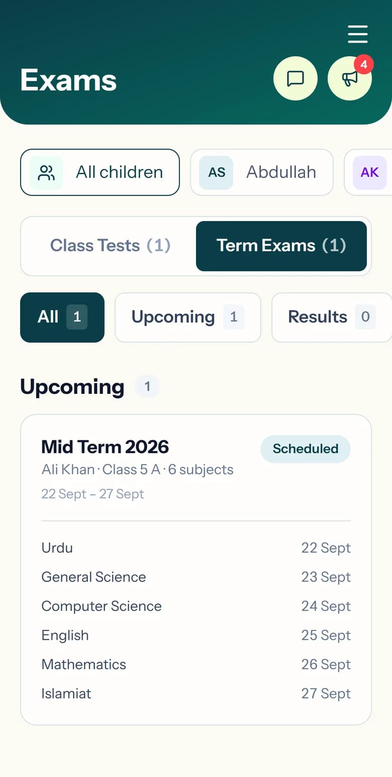 A parent's results screen in the Nonari School app