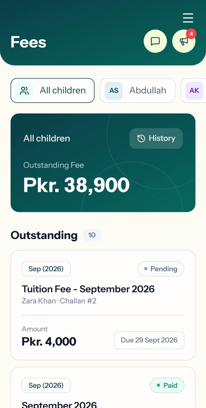 The fees screen in the parent app: outstanding fee and each challan
