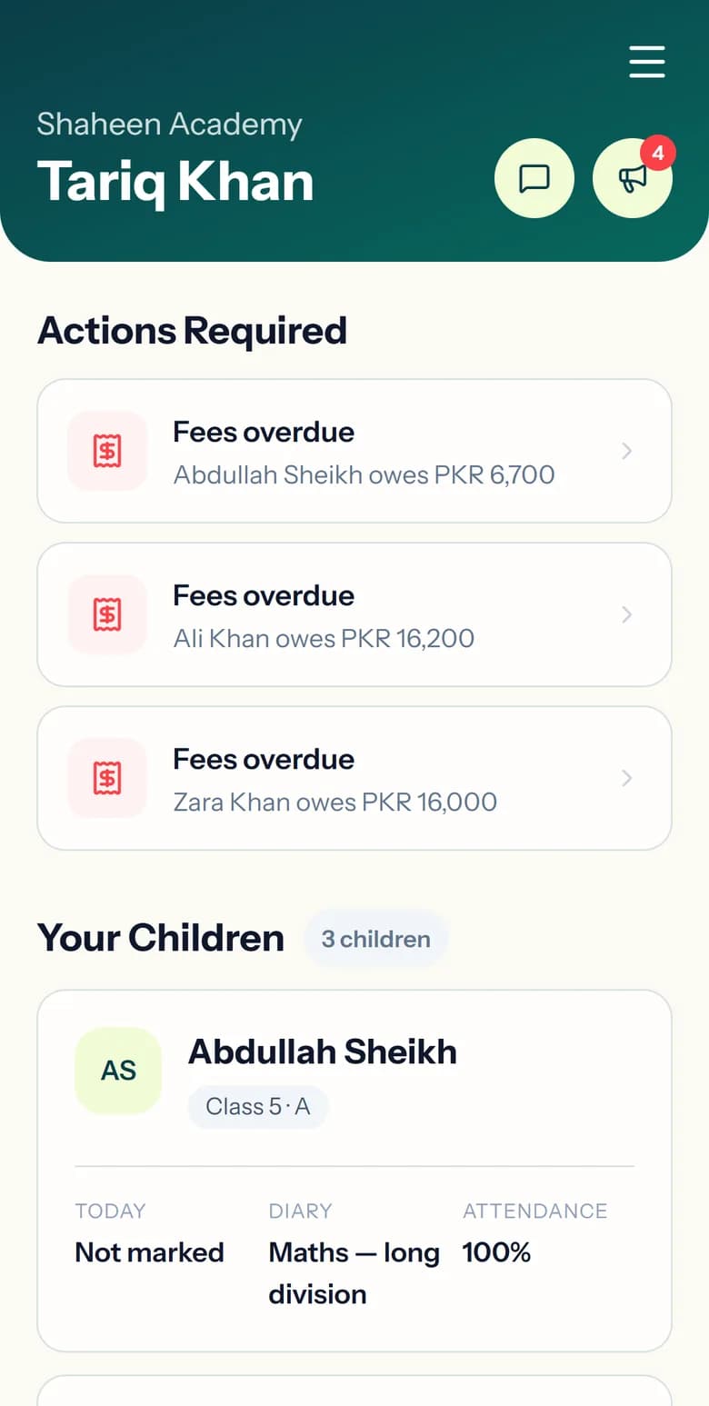 A parent's home screen showing overdue fees for each child