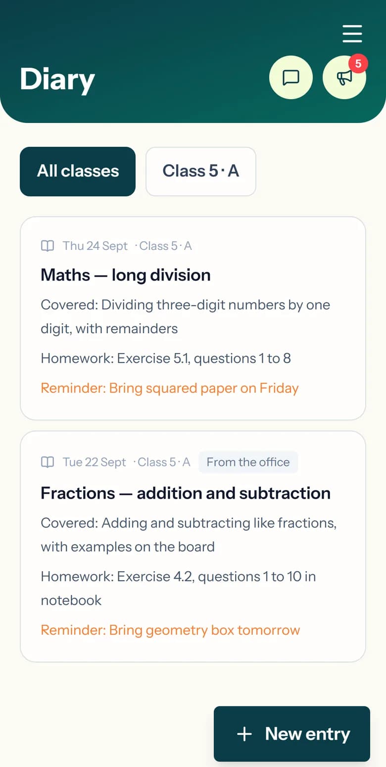 The teacher diary with lessons and homework