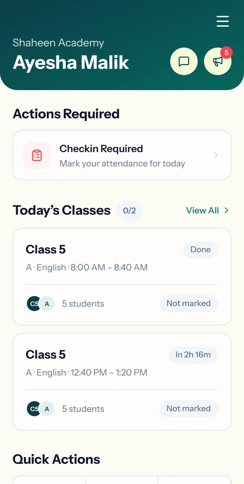 The teacher home screen with today’s classes
