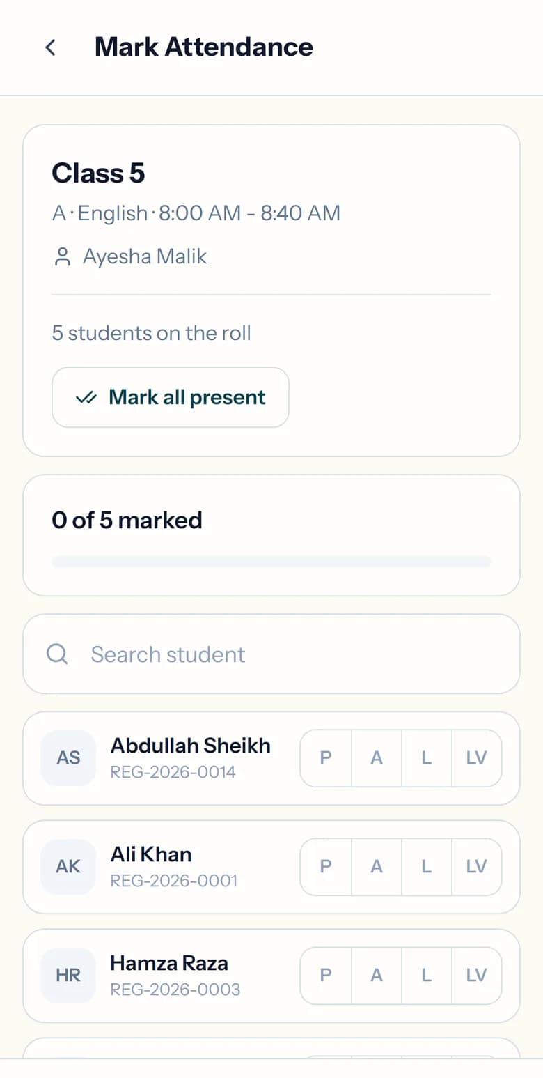 Marking attendance for Class 5 in the teacher app