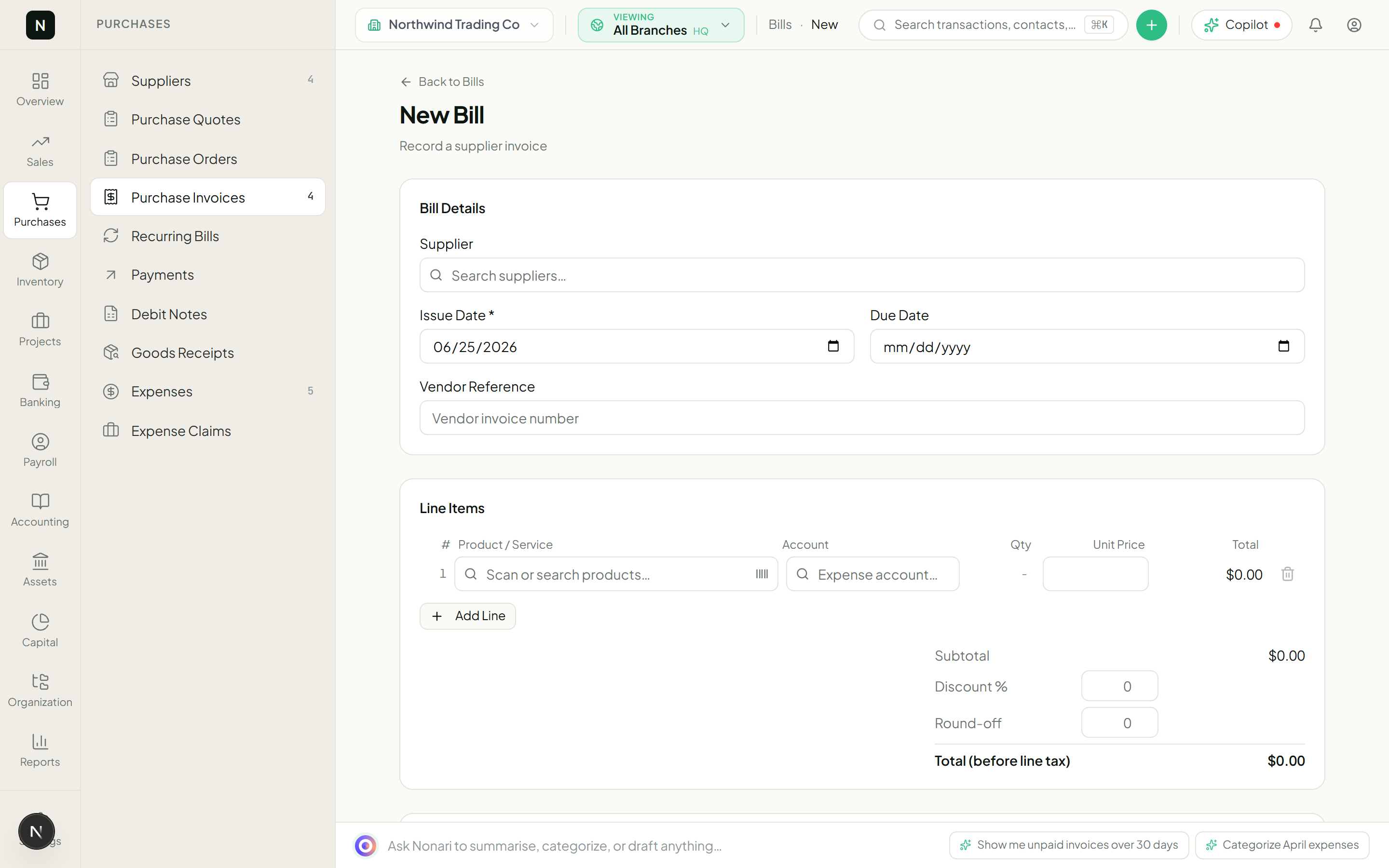 The Nonari new-bill form