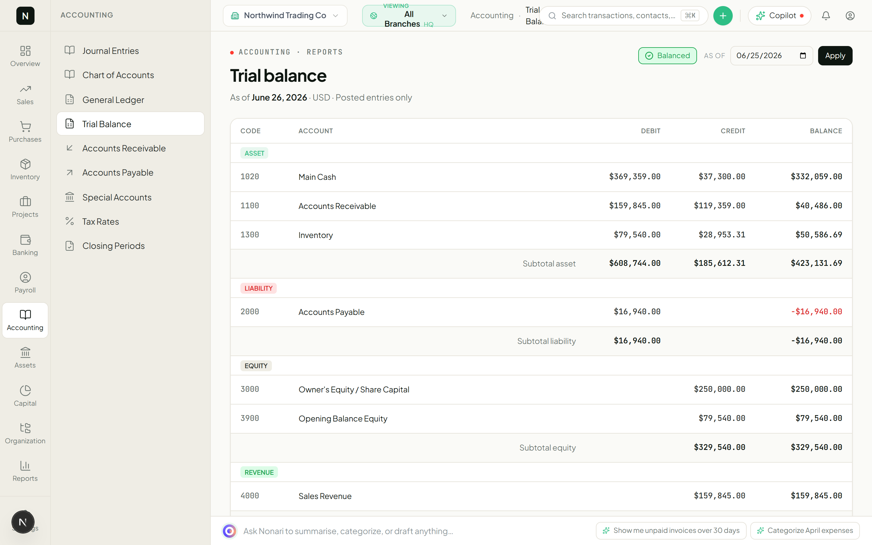 Trial balance, balanced after the invoice posts