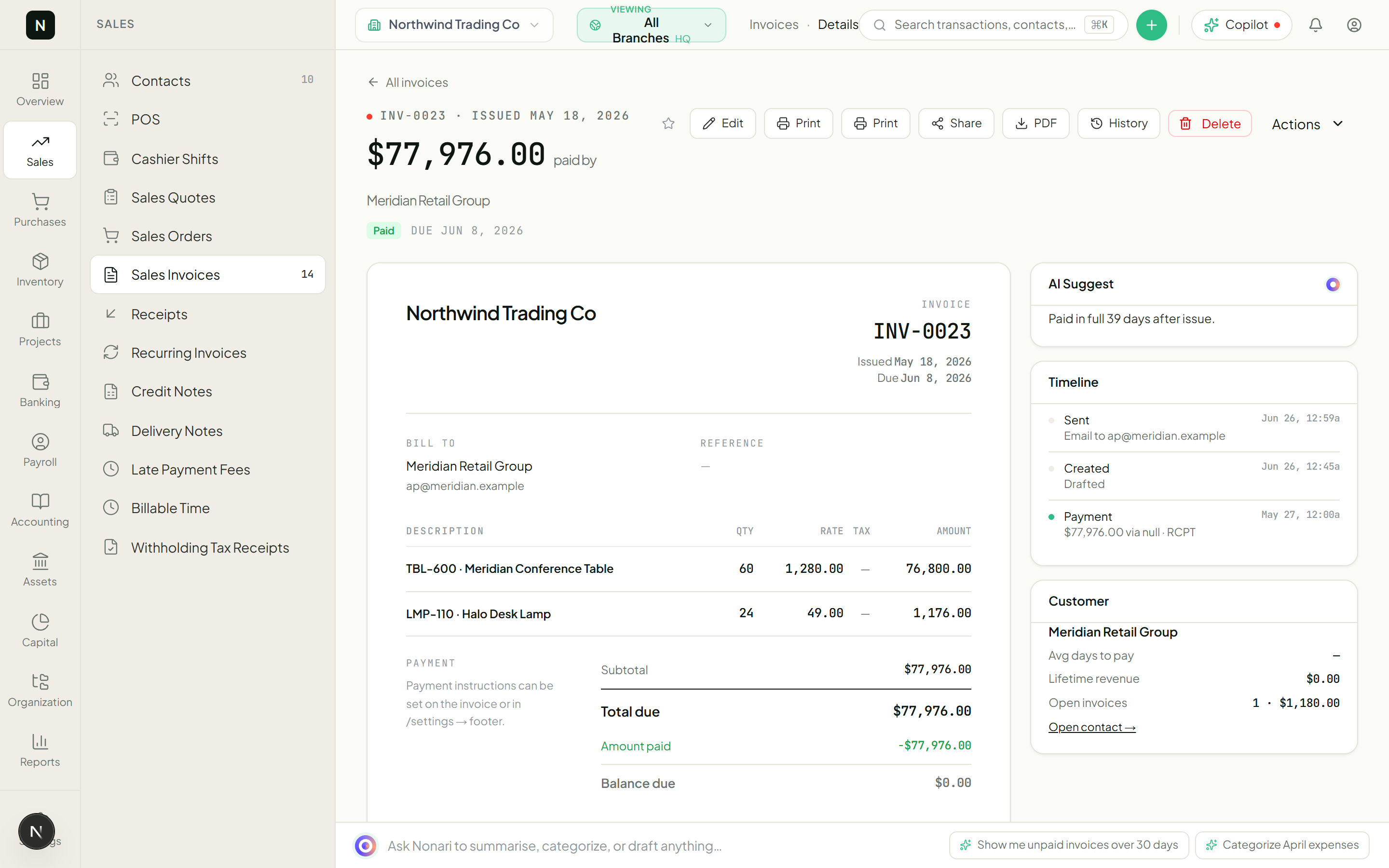 A sent Nonari invoice with AR and revenue posted